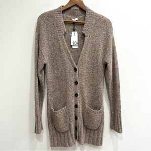 SOH Sion chunky long cardigan sweater speckled tan knit in oat baby alpaca L